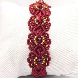 Handmade Macrame Floral Bracelet Burgundy Red Crystal Gold Bead Adjustable